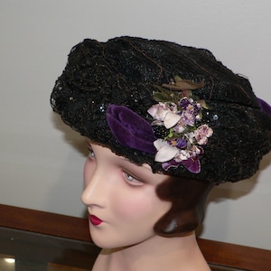 Antique Edwardian Toque Black with Sequins and Purple Velvet Ribbon and Flower Trim
