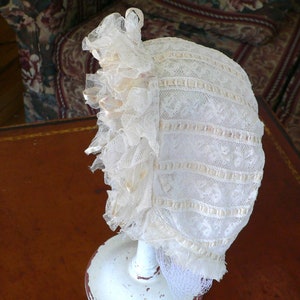 Antique Baby Bonnet with Val Lace and Pale Peach Ribbons, Antique Doll Bonnet
