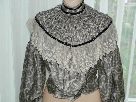 Edwardian Black and White Print Ruched Pleated Sil
