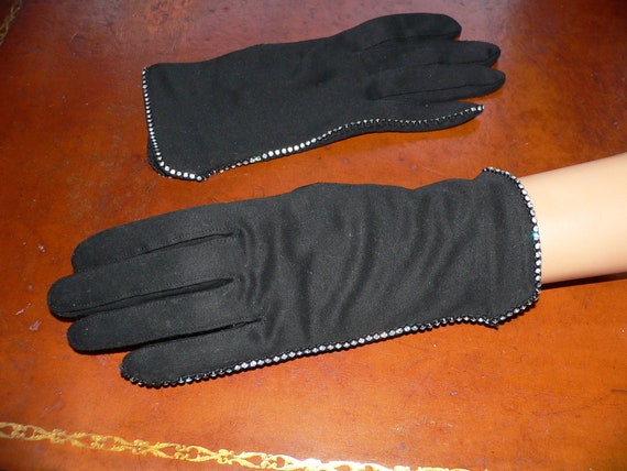 1950's - 60's Crescendoe Rhinestone Gloves, Black… - image 7