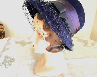 Vintage 1960s‎ Navy Wool Wide Brim Hat with Ribbon & Gold Stud Trim Elegant Vintage 1960s Navy Wool Wide Brim Hat with Ribbon & Gold  main image 3