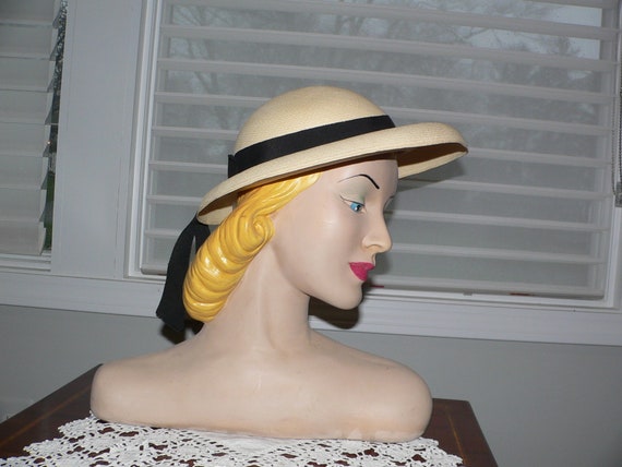1940's Ladies Panama Hat with Black Grosgrain Ban… - image 4