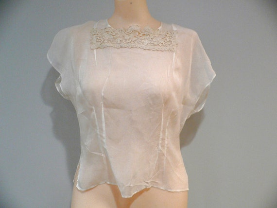 1940's - 50's Nylon Blouse Trimmed with Bruges La… - image 1