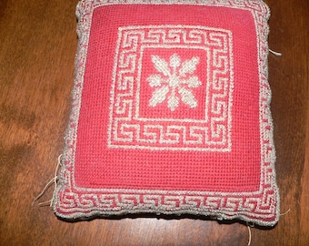 Victorian Beaded  Pin Cushion , Red Needlework and Silk Beaded Pin Cushion