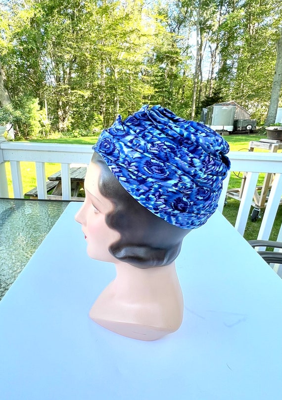 1960s Blue Silk Turban Style Hat, Saras Frederick’