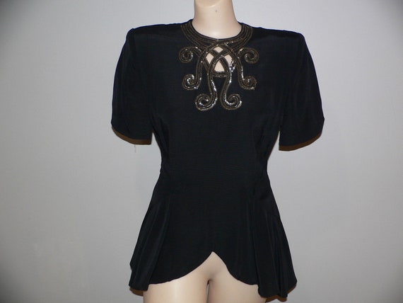 1940's Black Faille Peplum Blouse with Sequins an… - image 10