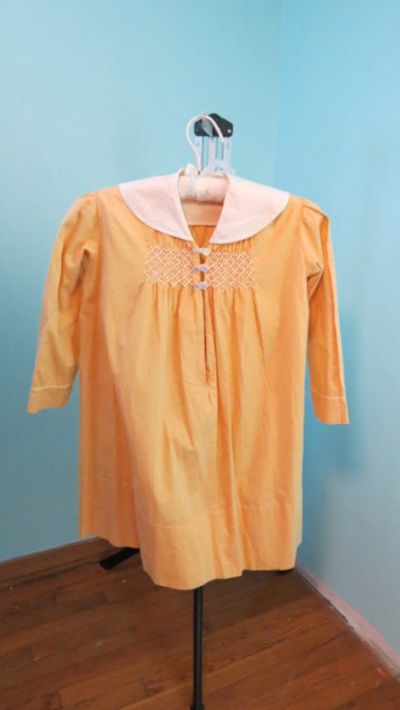 1920s- 30s Girls Yellow Cotton Dress with Smocking