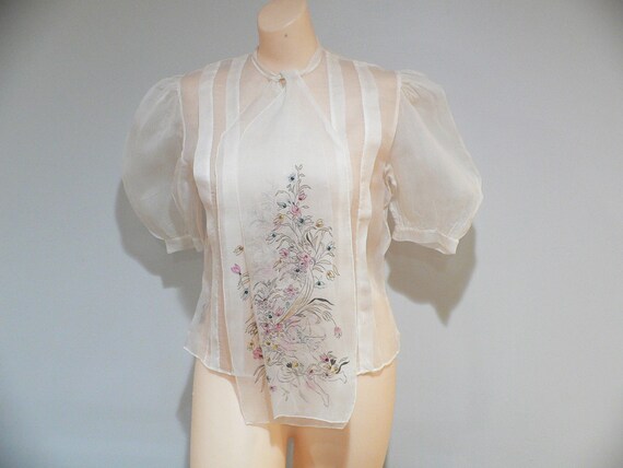 1940- 1950's Blouse, Organdy Hand Painted Blouse,