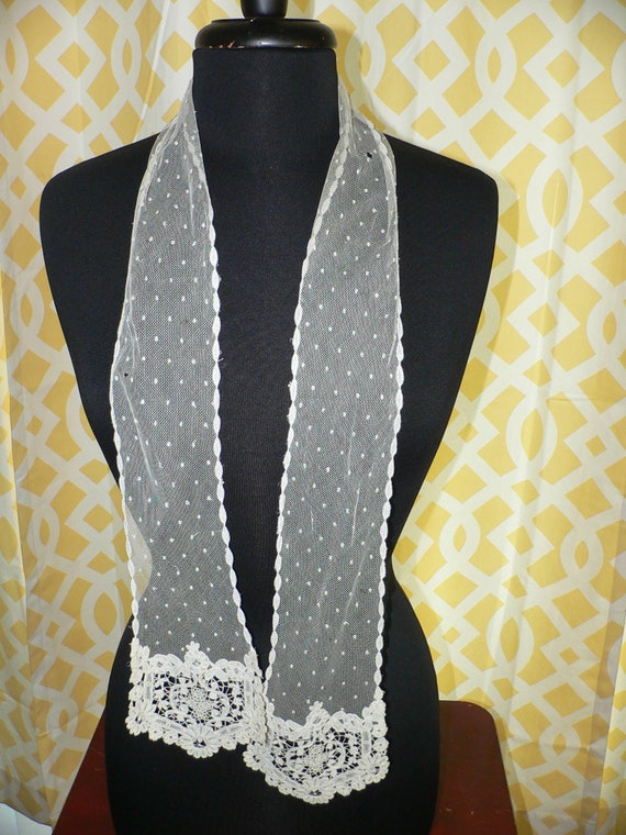 Antique Lace Scarf with Brussels Bobbin Lace. Net