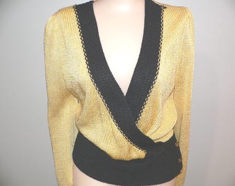 1980's Sweater, 80s Wrap Sweater Yellow and Black with Button Accents, Size M, J.D. Boutique NY