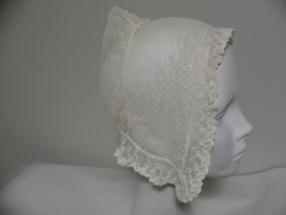 Antique Embroidered Net Lace Bonnet.