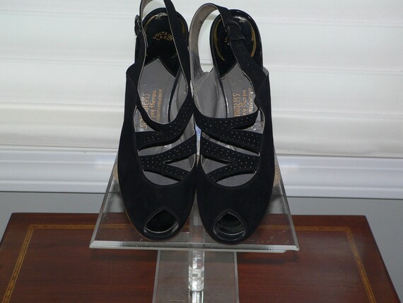 1940's Shoes , 1940's Black Suede Peep Toe Slingba