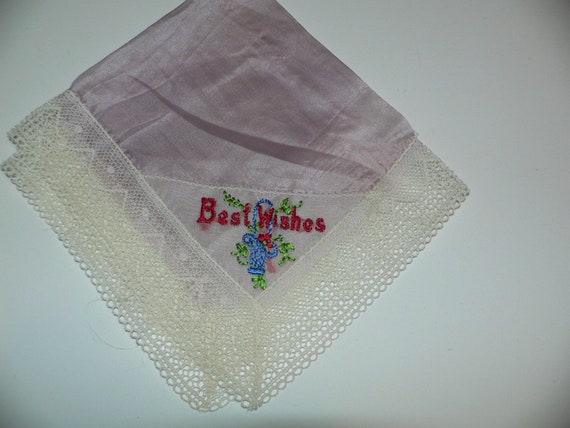 Vintage 40's Silk Hankie with Lace ,Best Wishes H… - image 2