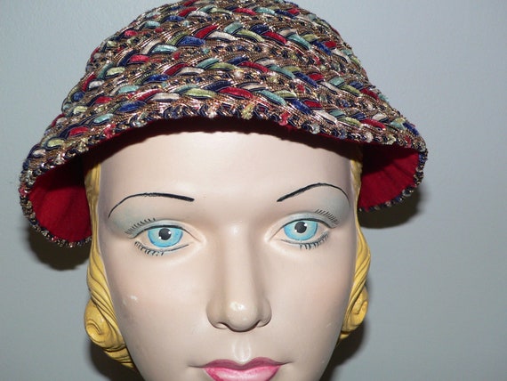 Vintage 1940's Cone Shaped Woven Hat Of Colorful … - image 3