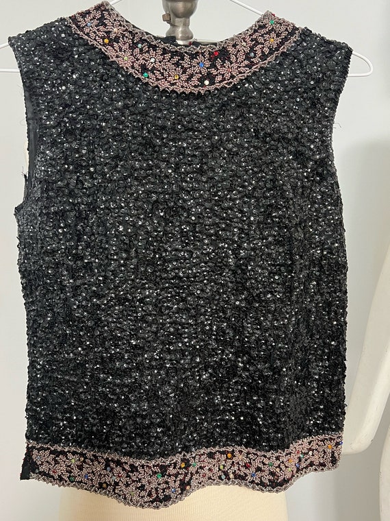 1950's Black Sequined and Beaded Shell, Size M