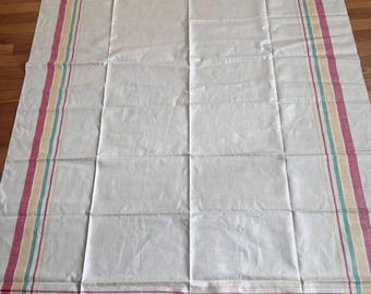 Vintage NOS  1950s Tablecloth,  Irish Linen Kitchen Tablecloth with Muted Stripes 70 X52 Inches With Tags, NOS