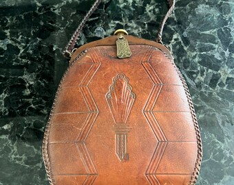 1919  Art Deco Tooled Leather Purse, Arts and Craft Tooled Leather Purse - Meeker Made