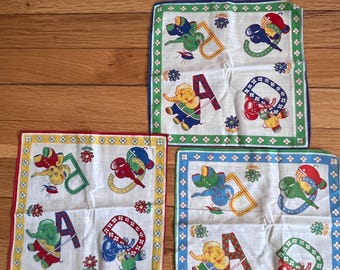 12 Vintage Children’s Hankie’s Alphabet, Disney, Animals, Most New Old Stock