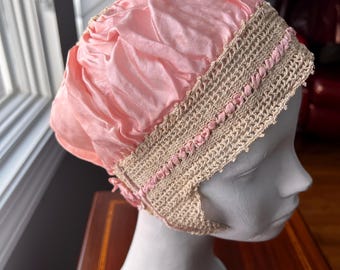 1920’s Pink Silky Rayon and Light Tan Crochet Sleep Bonnet with Ribbons and Bows
