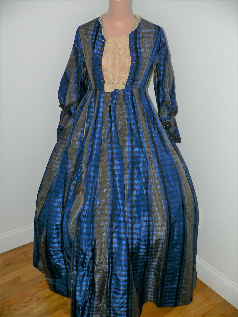 Antique Civil War 1860's Blue Silk Plaid Gown with Pagoda image 0