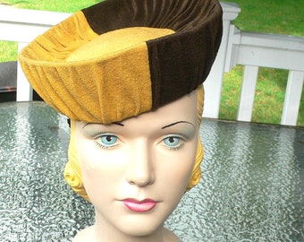 1940's High Sided Toque, Two Tone Gold and Brown Tilt Hat