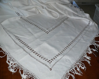 96 X 80 " Antique Vintage White Damask Linen Tablecloth with Drawnwork Fringe Mono C+ 6 Napkins