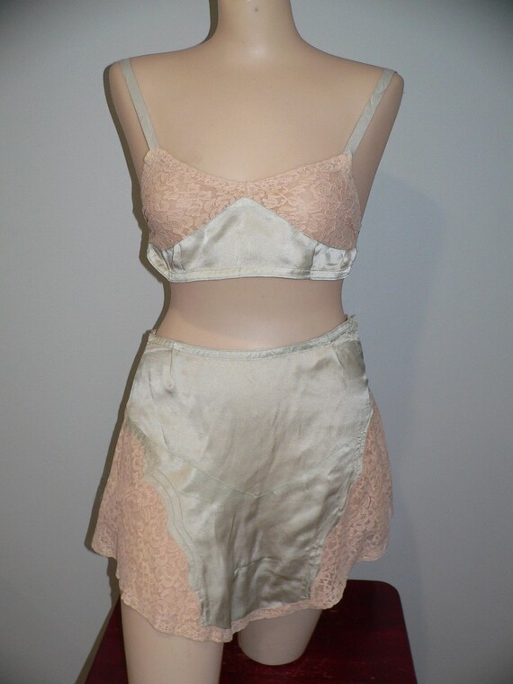 1930's Pale Green Silk Bra and Tap Pants with Ale