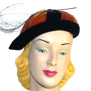 Vintage 1950s  Mr Stanley Black and Rust Velvet Hat with Feather Trim
