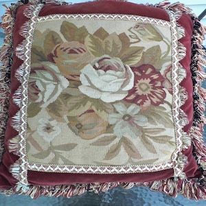 Antique or Vintage Aubusson  and Velvet Pillow Cover with Tassel and Fringe Trim