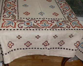 Vintage Arts and Craft Tablecloth, Primitive Tablecloth , Country Tablecloth, Embroidered Tablecloth, Hand Embrodiered Tablecloth