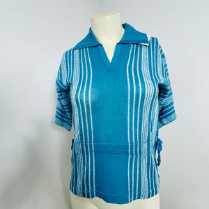 1960s Teal Print Knit Top  by Helen Sue, Size M, New Old Stock. With Tags
