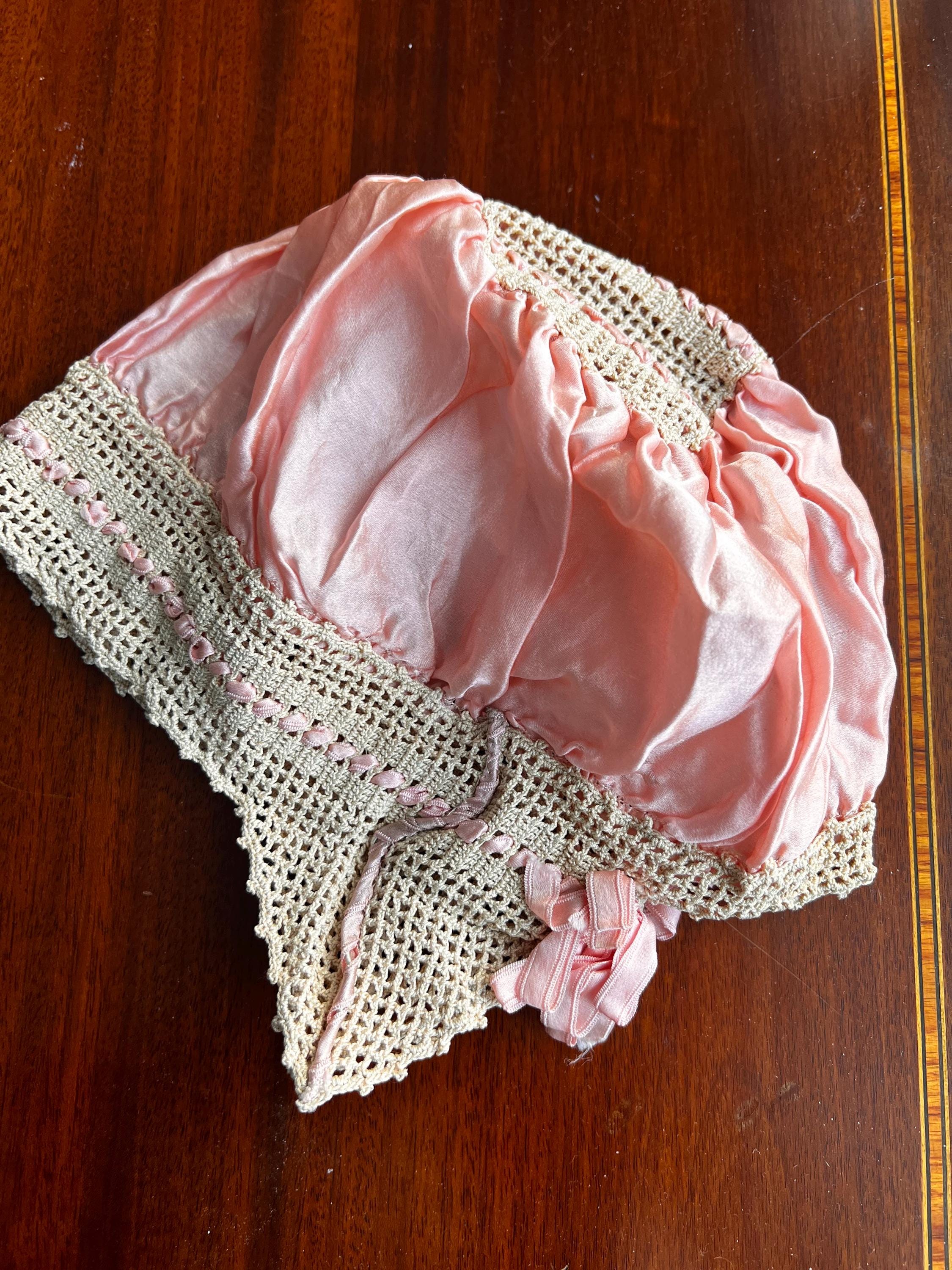 Vintage Pink Crochet Bed Cap with Original Intact, Fine Mesh Netting Antique Sleep Bonnet Pink Crochet Lace and Satin Wedding Cap  main image 2
