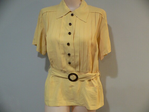1940/s Yellow Belted Rayon Blouse with Brown Butto