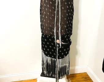Antique 1920's Dress Paris Beaded Dress, Herbin Paris Label, Beaded Black Silk Chiffon Dress and Silver Bugle Beading