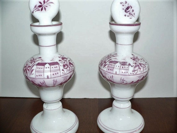 Pair of Milk Glass Perfume Bottles with Pink Luster Painting from Czechoslovakia, Antique Scent Bottles, Manor House Perfume Bottles