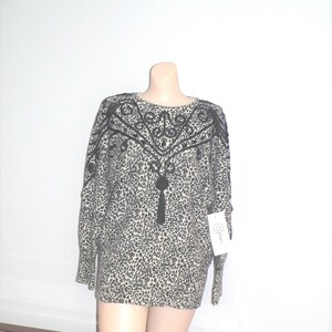 1980&#39;s Sweater , NOS Leopard Print Sweater, Cedars Animal Print Sweater with Cording, Beading and Tassels, New Old Stock, Has Tag, Size L
