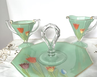 Vintage Art Deco Green  Hand Painted Cookie Serving Tray with Sugar and Creamer