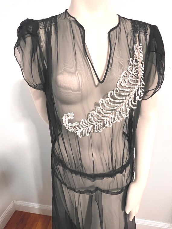 Larger Size,1930's Black Net Gown with White Sequ… - image 9