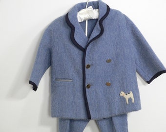 1930 - 40s Little Boys Blue Mohair Snowsuit with Hat,