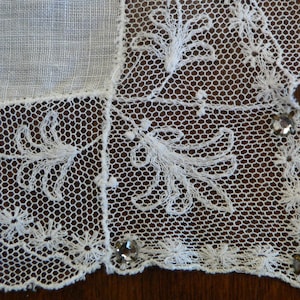 Vintage White Handkerchief Wtih Lace Border and Rhinestone Accents