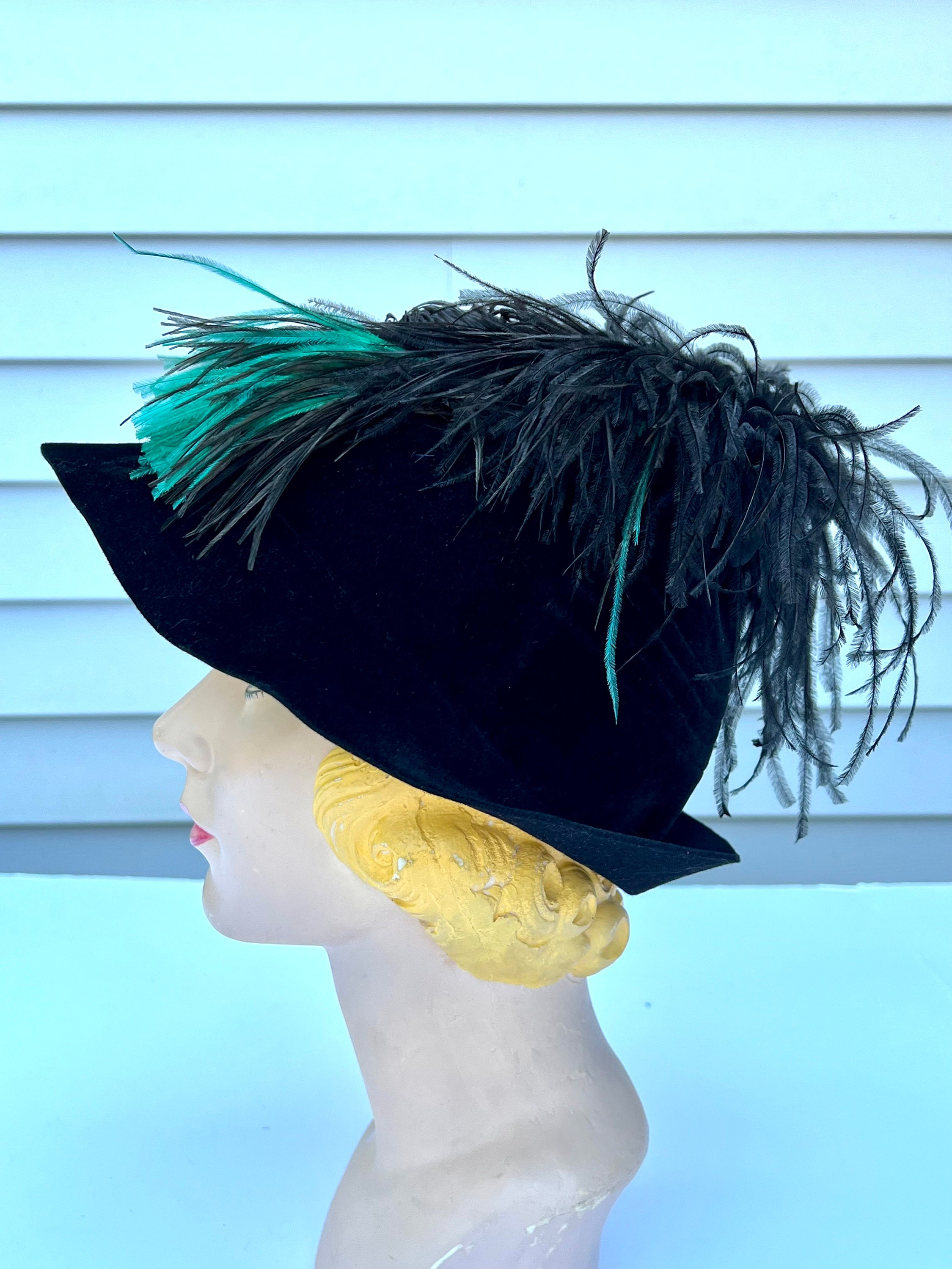 Lewis Hat Shoppe Vintage 1940s Black Velvet Tilt Cocktail Hat Ostrich Plume Tall Crown Black Velvet Bowler Style Tilt Hat w/ Feathers  main image 4