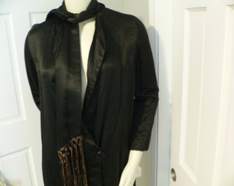 1920's Black Silk Flapper Coat with Attached Fringed Scarf