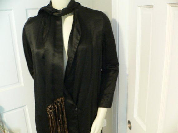 1920's Black Silk Flapper Coat with Attached Frin… - image 1