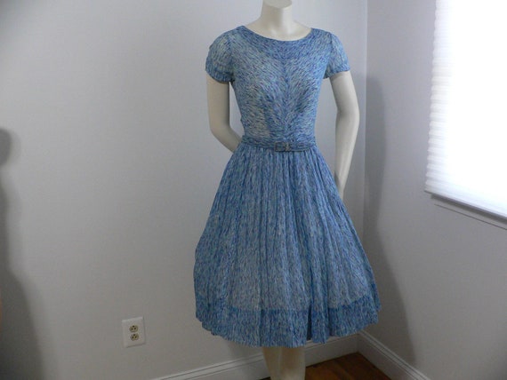 1950's Cotton Blue Print Cotton Dress with Full S… - image 1