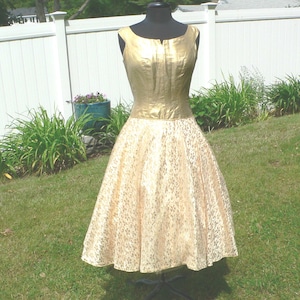1950s Gold Party Dress, Lame Bodice with Gold Metallic Lace Party Dress. Gold Prom Dress