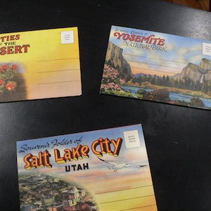 Lot de 3 cartes postales souvenirs dépliantes des années 40 - 50 - Yosemite, Salt Lake City, fleurs de dessert - Jamais utilisées