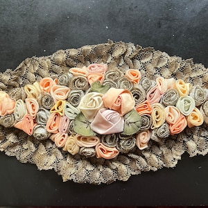 1900’s - 1920 Silk Ribbon Work Flower Appliqué with Metallic Lace 7.5 x 3.75 inches