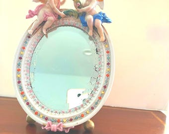 Meissen Boudoir Table Mirror, Crossed Sword Mark, Cherubs and Flowers