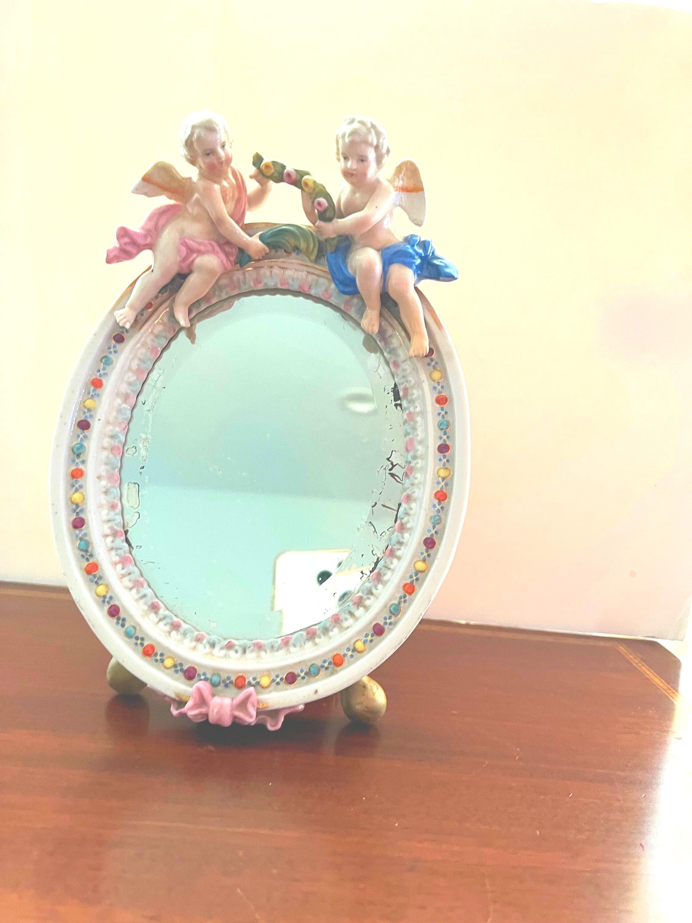 Meissen Boudoir Table Mirror, Crossed Sword Mark, Cherubs and