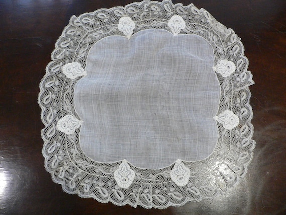 Antique Valencienne Lace Wedding Hankie with Whit… - image 1